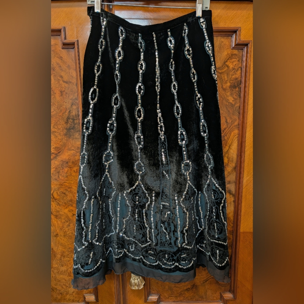 Vintage Carole Little Black Velvet/Silver Sequins Boho Holiday Skirt S/M